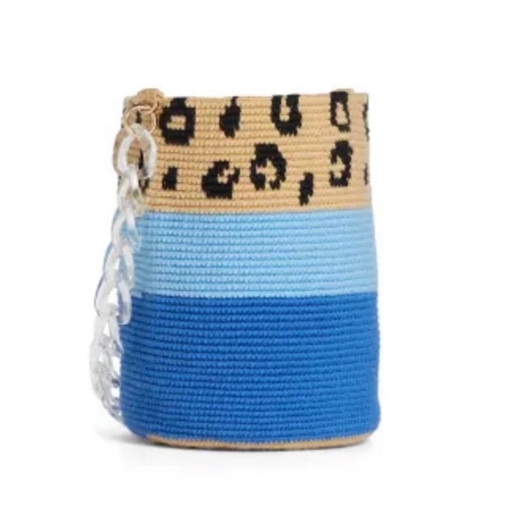 Soraya Hennessy Bucket Bag Colorblock Tote Tan Blue Leopard Print Lucite Strap - Picture 3 of 12